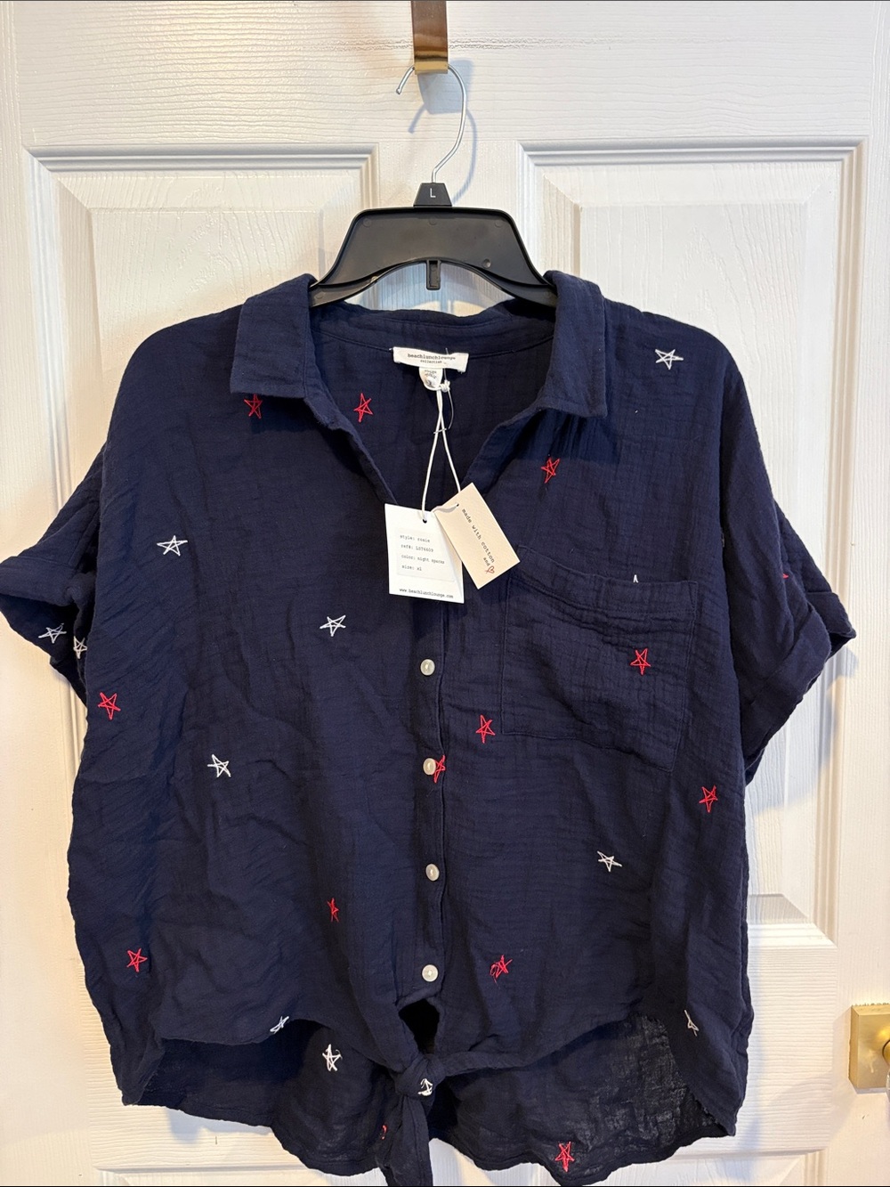 BNWT BEACH LUNCH LOUNGE Navy Star-Embroidered Tie-Front Shirt Women's Size XL